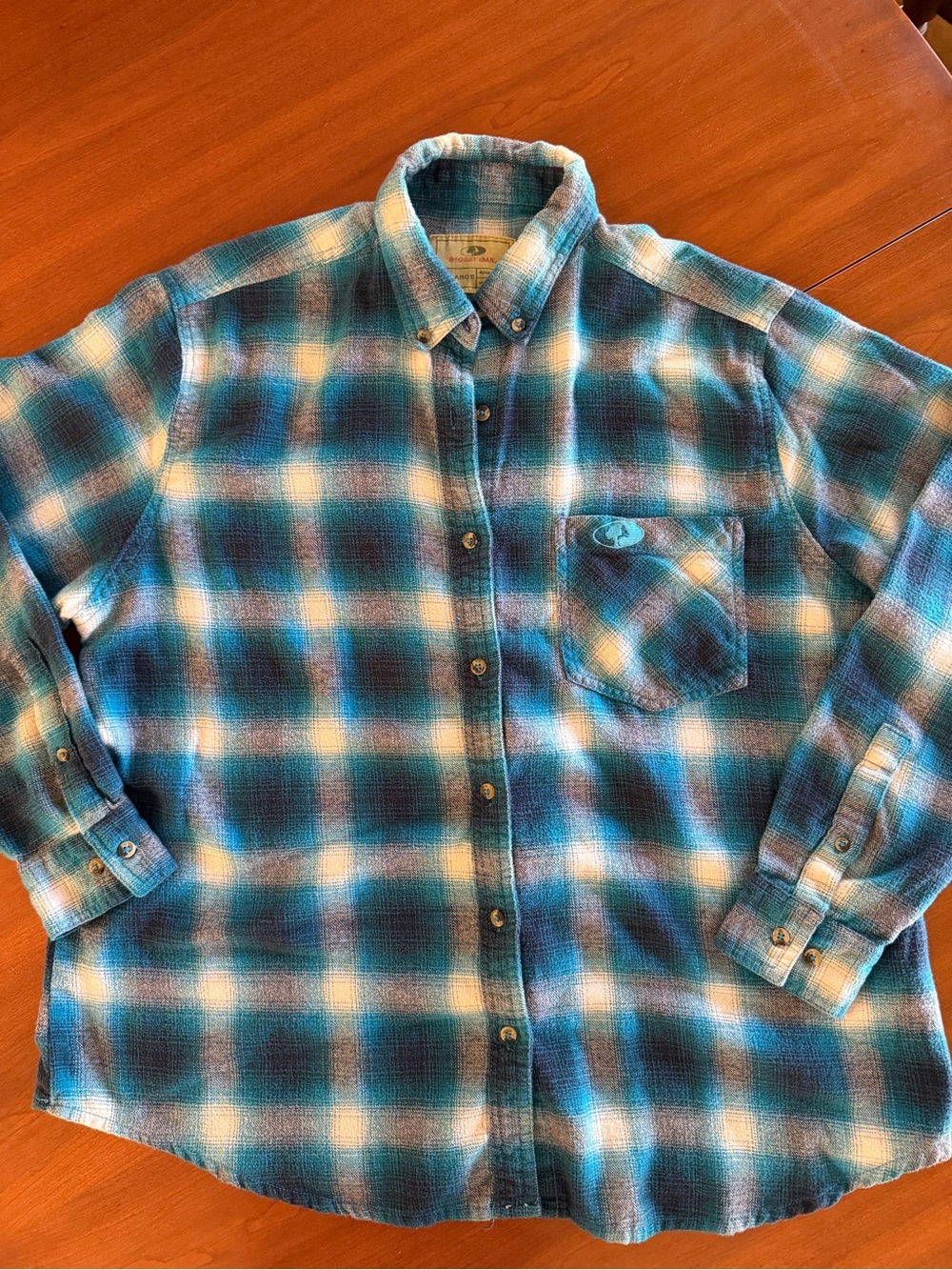 Vintage Mossy Oak Plaid Flannel Shirt 2XL Teal Blue Button Down Y2K Outdoors